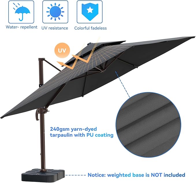 10x13FT Cantilever Outdoor Patio Umbrellas, Double Top Large Rectangle Umbrella, Heavy Duty 360° Rotation Offset Outdoor Sun Shade Umbrella for Garden Deck Pool Backyard Patio, Grey ZLACUIU
