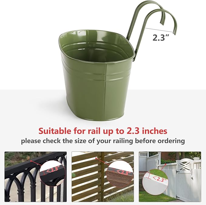 Dahey 10.5 Inch Metal Iron Hanging Flower Pots for Railing Fence Hanging Bucket Pots Countryside Style Outdoor Planter Window Flower Plant Holder with Detachable Hooks Home Decor,Green,3 Pcs Dahey