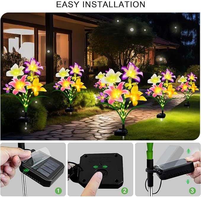 Solar Garden Lights 4 Pack LEDs Solar Lilies Flower Lights, Yard Patio Pathway Decoration High Flexibility Copper Wire Handmade Silk Artificial Flowers Never Wither, Gift for Family Friends stadeco