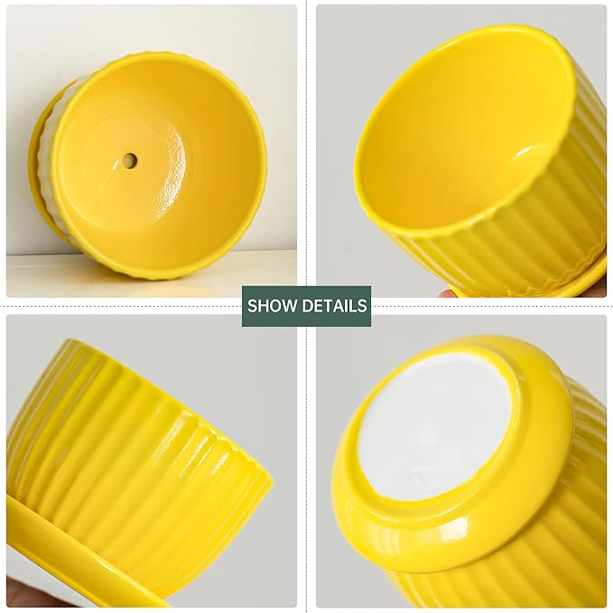 Ton Sin Ceramic Flower Pots,Yellow Plant Pots for Indoor Plants,4.1+5.1+6.5 inch Ceramic Plant Pots with Tray,Medium Indoor Planters for Aloe Cactus Decorative Pots with Drainage Hole (Set of 3) TonSin