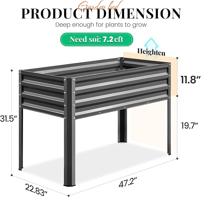 KING BIRD Large Raised Garden Bed with Legs Galvanized Elevated Planter Box 48×24×32 in for Backyard, Patio, Balcony, 400lb Capacity, Dark Grey 2pcs KINGBIRD