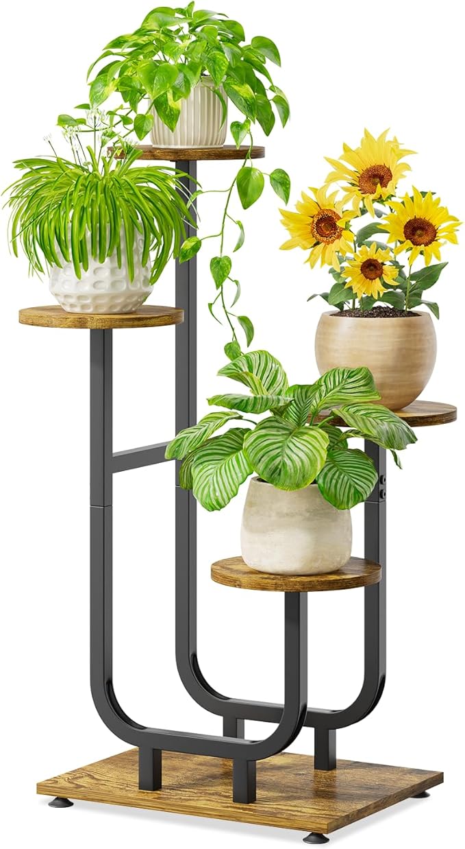 iDavosic.ly 4 Tier Plant Stand Indoor, Corner Tiered Multiple Flower Holder Shelf with Wooden Trays, Orchid Display Metal Rack for Patio Porch Living Room Balcony Outdoor, Modern Black & Rustic Brown iDavosicly