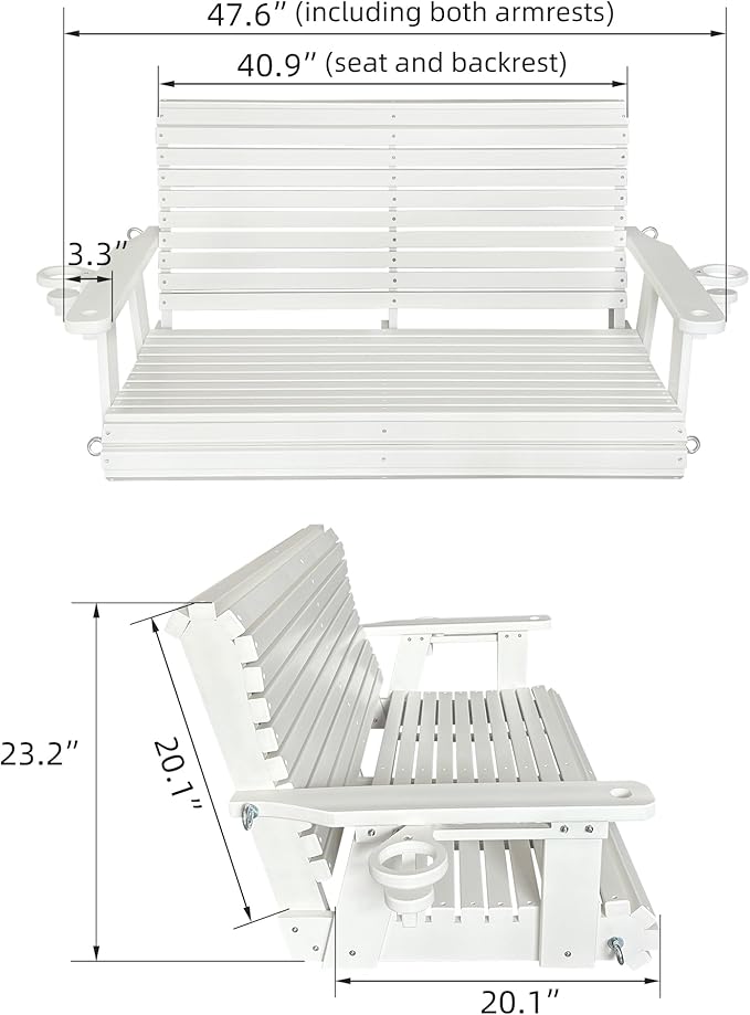 HDPE Porch Swing with 18/8 Stainless Steel Bolts, Ergonomic Design, Ultra Weather-Resistant, Heavy Duty 1200 LBS, for Outdoor Patio Garden Yard (Vanilla White) FortuneCandy