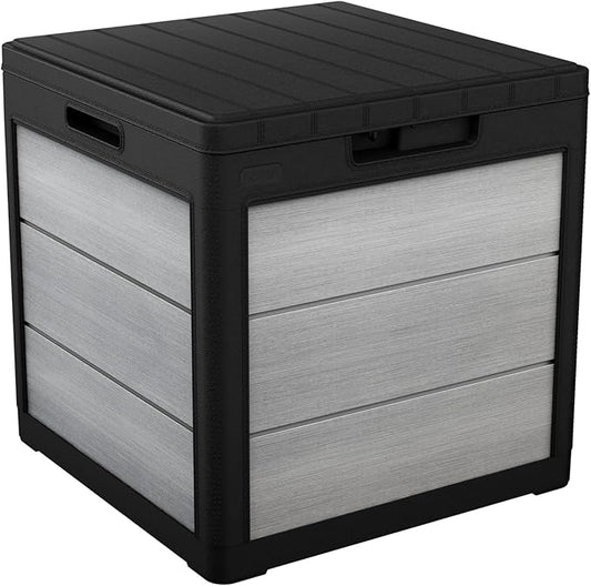 Keter Denali 30 Gallon Resin Outdoor Storage Box and Patio Furniture Side Table for Pool and Garden Accessories, Grey & Black Keter