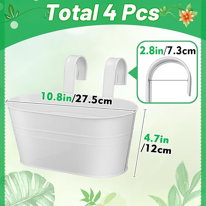 MADHOLLY Railing Planter with Drainage Holes - Sturdy Bucket Pots for Railing Fence, Countryside Style Metal Flower Pots for Herbs Balcony Garden Yard Decor, 4Pcs, White MADHOLLY