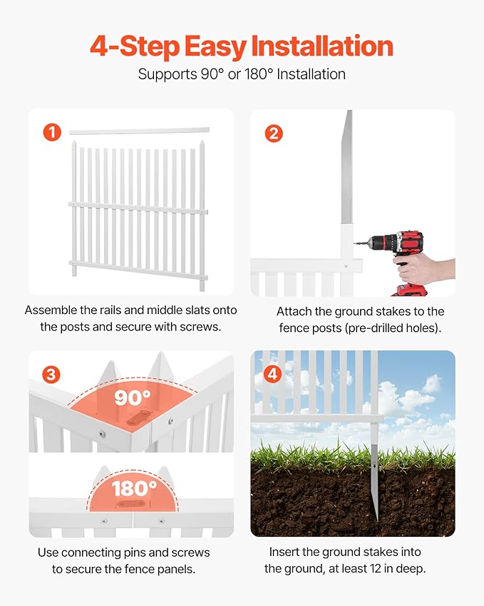VEVOR 3 Panels Outdoor Privacy Screen, 36 x 45 in Air Conditioner Fence with 19.7 in Ground Stakes, Pool Equipment Enclosure, Strip Vinyl Privacy Fence, Ideal for Trash Can and A/C Units, White VEVOR