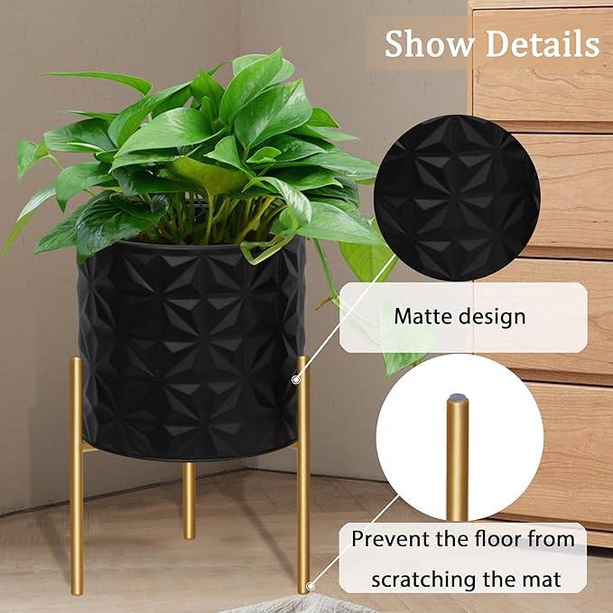 ARNIS Modern Planter Pots, Set of 2 Large Planters with Stand, Decorative Planters, Metal Pots with Drainage Holes for Living Room, Office, Garden or Balcony, 8.25 &10.5 Inch, Matte Black ARNIS