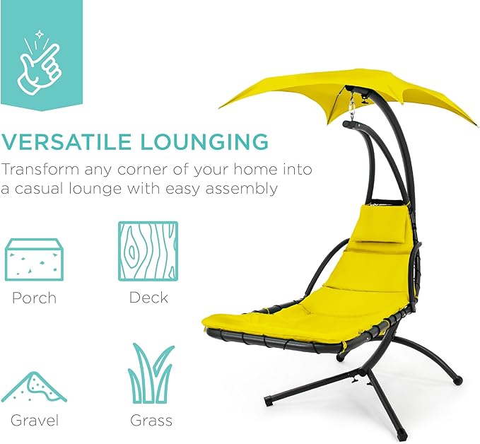 Best Choice Products Outdoor Hanging Curved Steel Chaise Lounge Chair Swing w/Built-in Pillow and Removable Canopy - Yellow BestChoiceProducts