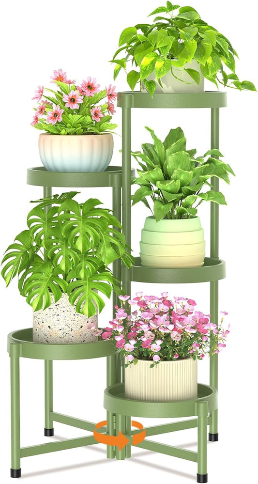 LASZOLA 5 Tiered Folding Plant Stand Indoor for Multiple Large Planter, Tall Heavy Duty Adjustable Rack with Rust Proof Plastic Shelving, Sturdy Vertical Tree Organizer for Narrow Inside Floor, Green LASZOLA