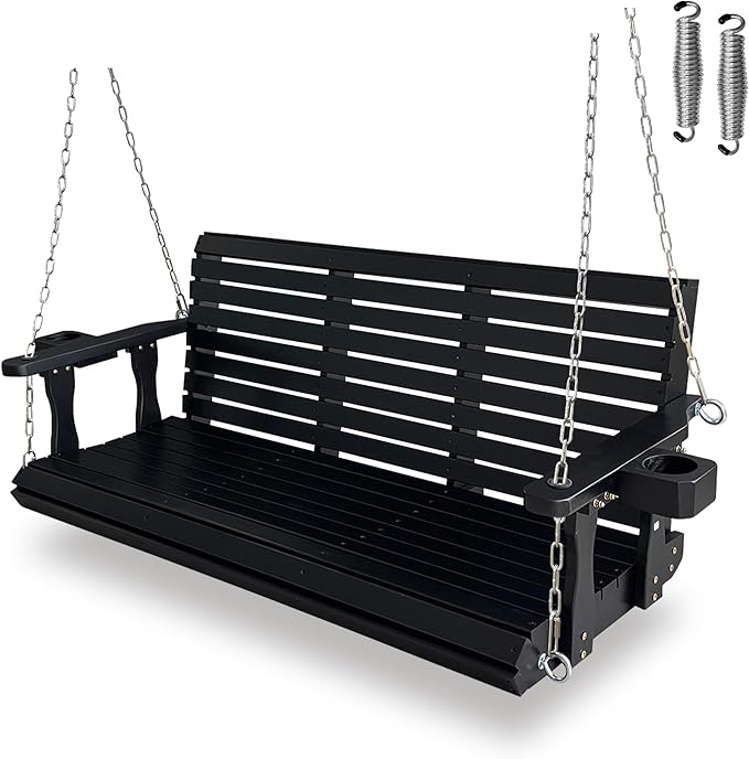 Wooden Porch Swing 3-Seater, High Backrest and Deep Seat, Bench Swing with Cupholders, Hanging Chains and 7mm Springs, Heavy Duty 880 LBS, for Outdoor Patio Garden (Carbon Black, 5 FT Extra Large) FortuneCandy