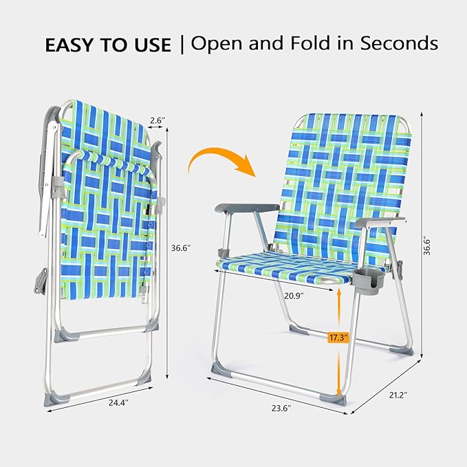 VINGLI Folding Aluminum Webbed Oversized Lawn Chairs with Detachable Cup Holder, 300LBS High Beach Chair for Adults Heavy Duty, Portable Patio Chair for Yard, Garden, 2 Pack,Blue/Green VINGLI