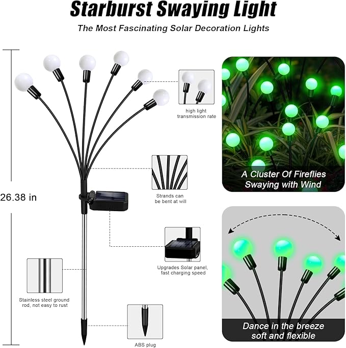 Solar Firefly Light, Christmas Lights for Outside Decorations, 4 Pack 24 LED Green Solar Garden Lights, Outdoor Waterproof Garden Decor for Yard Patio Pathway Lawn Christmas ZFNN