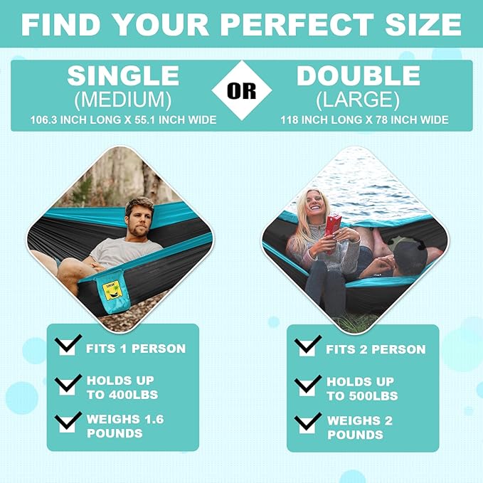 SZHLUX Camping Hammock Double & Single Portable Hammocks with 2 Tree Straps, Great for Hiking,Backpacking,Hunting,Outdoor,Beach,Camping SZHLUX