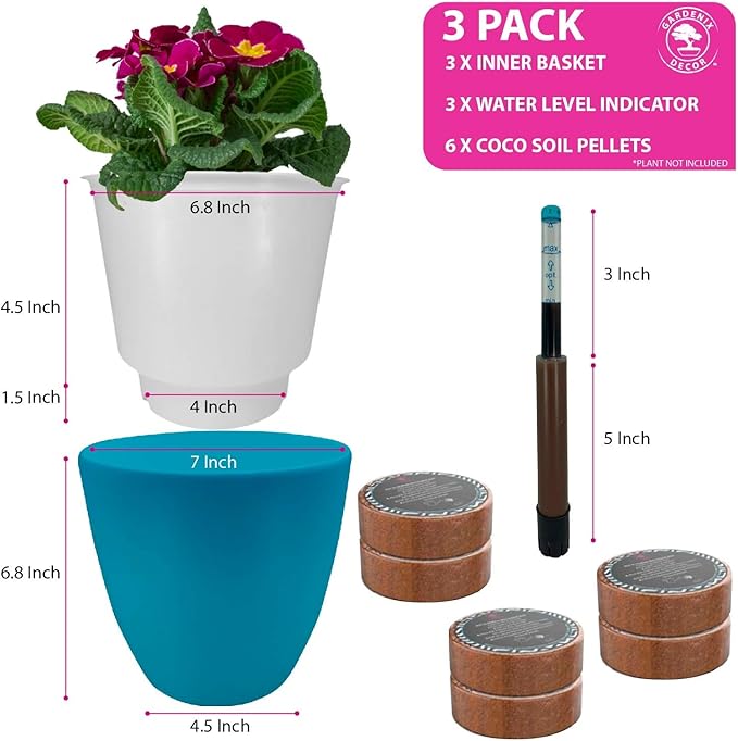 GARDENIX DECOR Self Watering Pots for Indoor Plants 3 Pack - Flower Pot with Water Level Indicator for Plants, Grow Tracking Tool - Self Watering Planter Plant Pot - Coco Coir - Teal Rootora