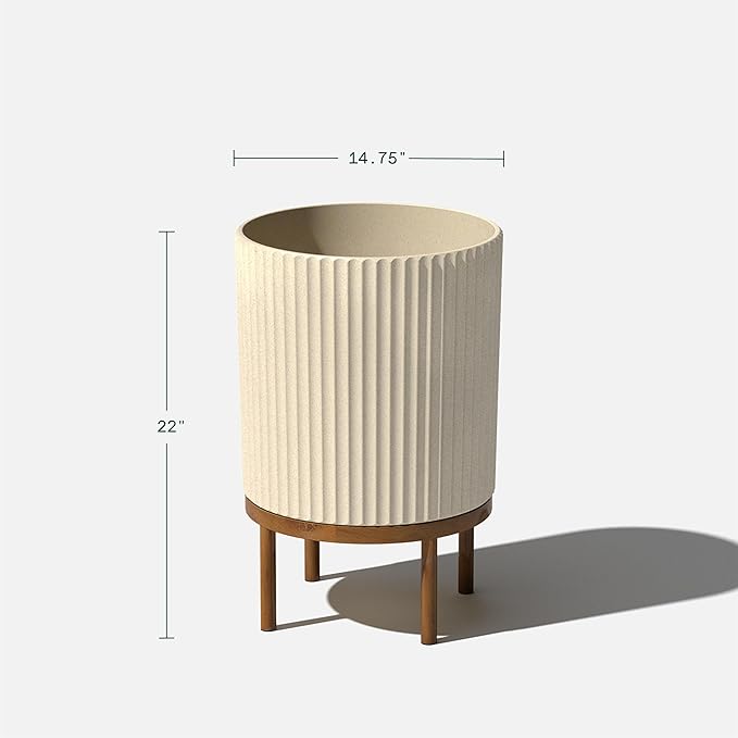 Veradek Demi Series Round Planter w/ Stand for Porch/Patio | Durable Plastic-Concrete & Wooden Stand | Modern Décor for Tall Plants, Flowers VeradekOutdoor