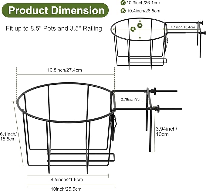 TQVAI 10 Inch Railing Planter - Fit for 3 to 5.5 Inches Railing - Adjustable Hanging Planters Outdoor Balcony Deck Flower Pot Holder Metal Baskets for Garden Orchid, Patio Ledge, 3 Pack, Black TQVAI