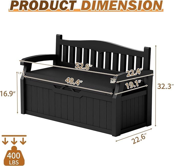 Devoko 80 Gallon Storage Bench with Cushion, Lockable Deck Box for Patio Furniture, Garden Decor and Outdoor Seating for Cushions, Garden Tools and Pool Supplies (Black, 80 Gallon with Cushion) DEVOKO