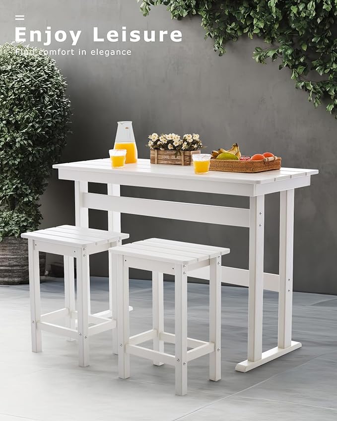 3 Piece HDPE Outdoor Bar Height Table and Chairs Set of 2 Includes High Top Patio Table and Chairs, Outside Patio Bar Set for Bistro,Balcony,Backyard,Poolside (White, 3 Piece) Rootora