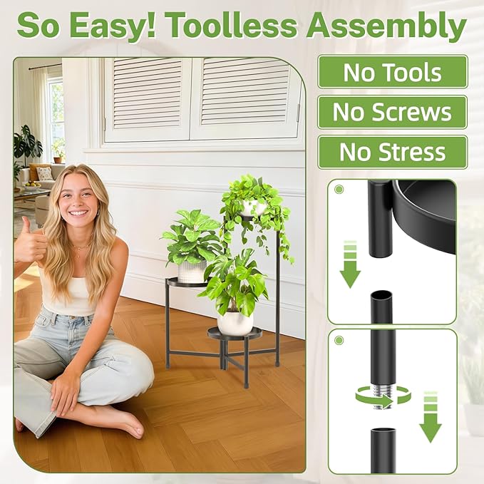 iDavosic.ly 3 Tier Large Plant Stand Indoor with 10 Inch Wide Tray, Tiered Corner Metal Outdoor Flower Display Holder Shelf, Folding Tall Rack for Patio Porch Living Room, Modern Black iDavosicly