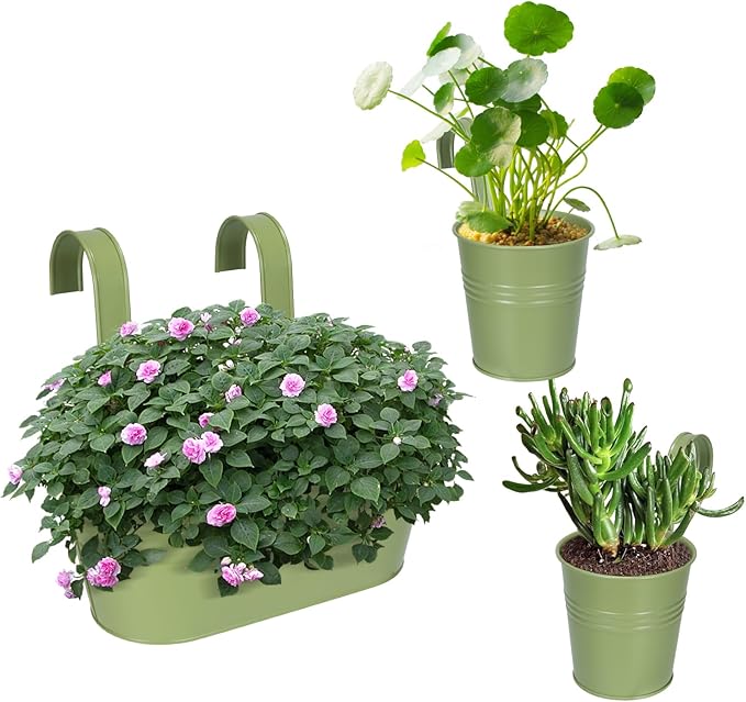 HowRU Metal Iron Flower Pots for Railing Fence Hanging Bucket Pots(5 Pcs) and Hanging Flower Pots Metal Iron Bucket Planter(10 Pcs) (Green) HowRU