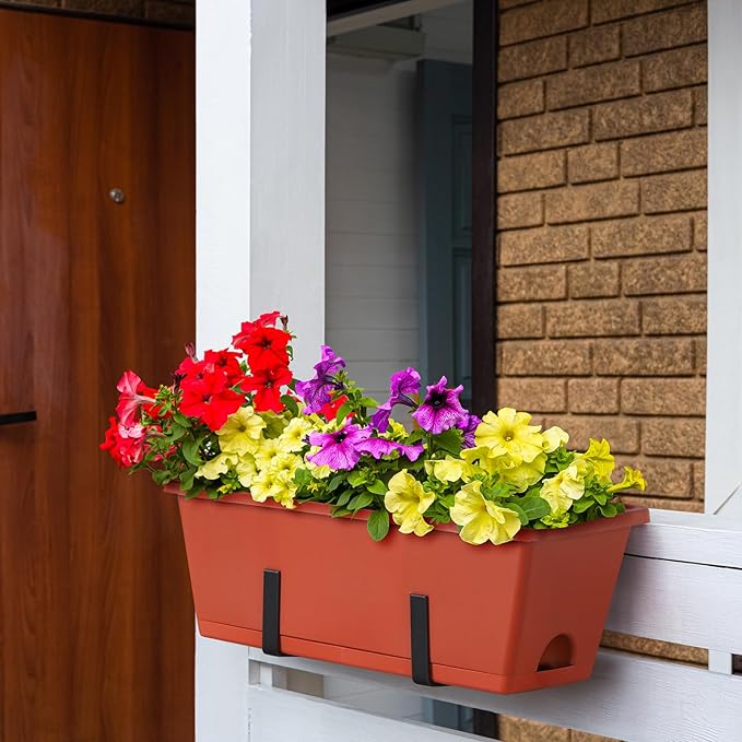 smusei Window Boxes Planters 17’’ Railing Planter Box with Adjustable Brackets, 4 Pack Hanging Deck Railing Planters Rectangular Flower Pots for Outdoor Patio Balcony Fence smusei