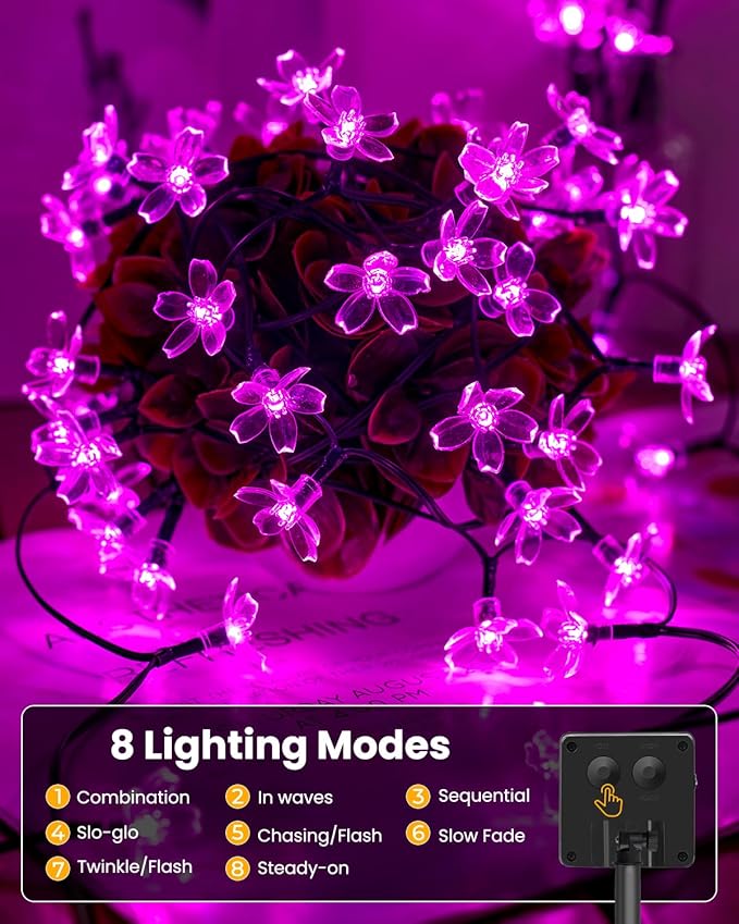 Brightown 2 Pack Total 52FT 120 LED Flower Solar String Lights Outdoor Waterproof Fairy Lights for Garden Yard Fence Patio Christmas Tree Wedding Party Decor, Pink Brightown