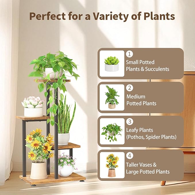 LASZOLA Black 4 Tiered Wood Plant Stand Indoor for Large Heavy Duty Planter, Sturdy Multi Level Corner Vertical Flower Rack for Narrow House, Rustic Tall Orchid Shelving Holder for Decor, Space Saving LASZOLA