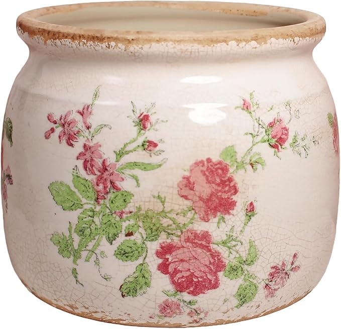 Decorative Pots Spring Decor, Pastel Floral Ceramic Garden Pots with Drainage, 6.29 Inch Pink Vintage Grandma Flower Pots for Indoor Plants & Succulent, Crackle Glaze Pottery Planters, Mom Gifts XiaanJiaju