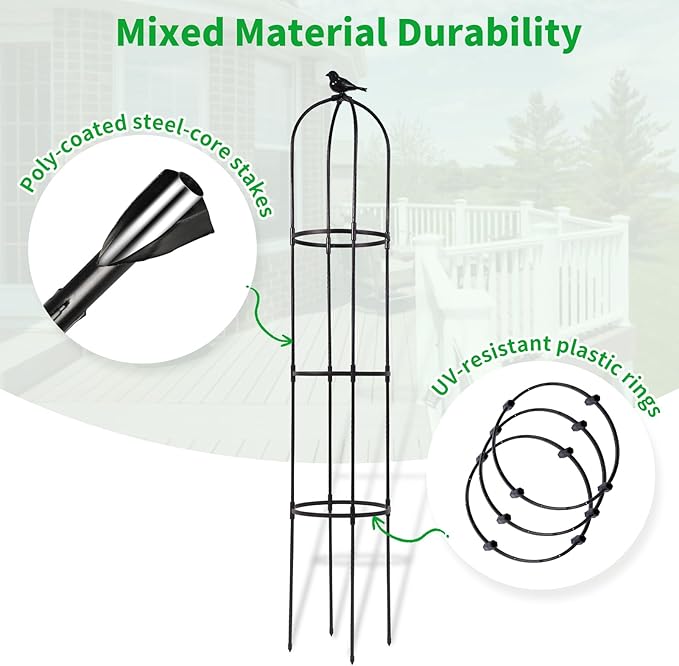 Lalahoni Garden Obelisk Trellis for Climbing Plants Outdoor, 6ft Round Rose Trellis for Pots, Metal Plant Support for Clematis, Jasmine, Ivy, Decorative Outdoor Trellis, Black, 1Pack Thereasonyoulovegardening
