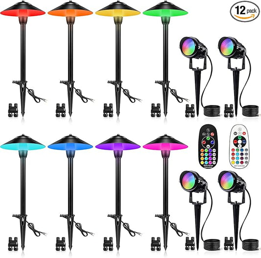 SUNVIE RGBW Landscape Lighting Kit 12V Low Voltage Landscape Lighting with Connectors, Color Changing Low Voltage Pathway Lights Wired with Spotlights Waterproof for Holiday Patio Garden Yard,12 Pack SUNVIE
