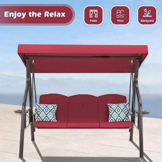 3-Seat Outdoor Porch Swing with Stand, Patio Swing with Canopy, 2 in 1 Porch Swing Bed & Patio Swing Chair for Adult w/Extra Pillows and Cup Holder for Yard (Wine Red) zzw