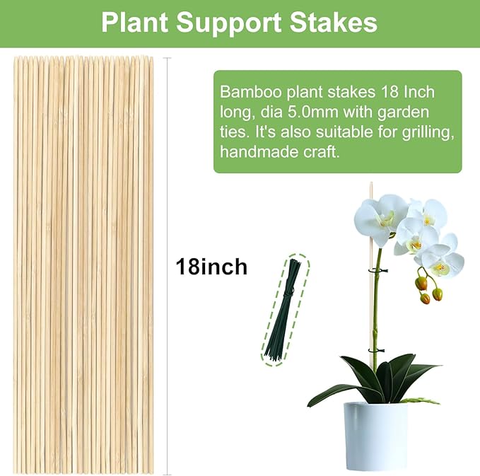 120 PCS Bamboo Plant Stakes 18 Inch, Wood Plant Support for Gardening for Potted Floral Plant, Indoor Wooden Sign Posting Garden Stick, Crafts Sticks with 120 PCS Wires(4") CJFocus