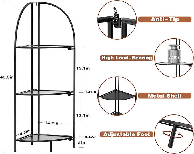 Crofy Foldable 3 Tier Corner Shelf, Metal Corner Plant Stand with Black Frame and Black Shelves, Corner Display Rack Multipurpose Shelving Unit for Living Room, Bedroom, Bathroom CrofyLLC