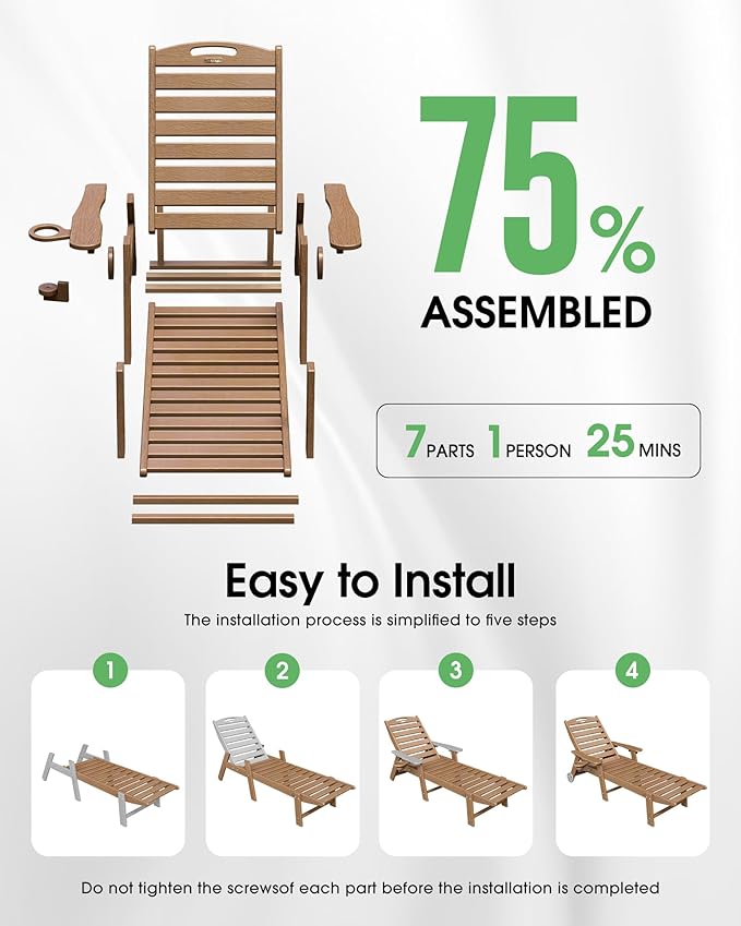 Chaise Lounge Outdoor, Lounge Chair Outdoor with Wood Texture, Adjustable 5-Position Backrest, HDPE Lounge Chair with Wheels & Cup Holder for Pool Deck Backyard, Teak Suunyn