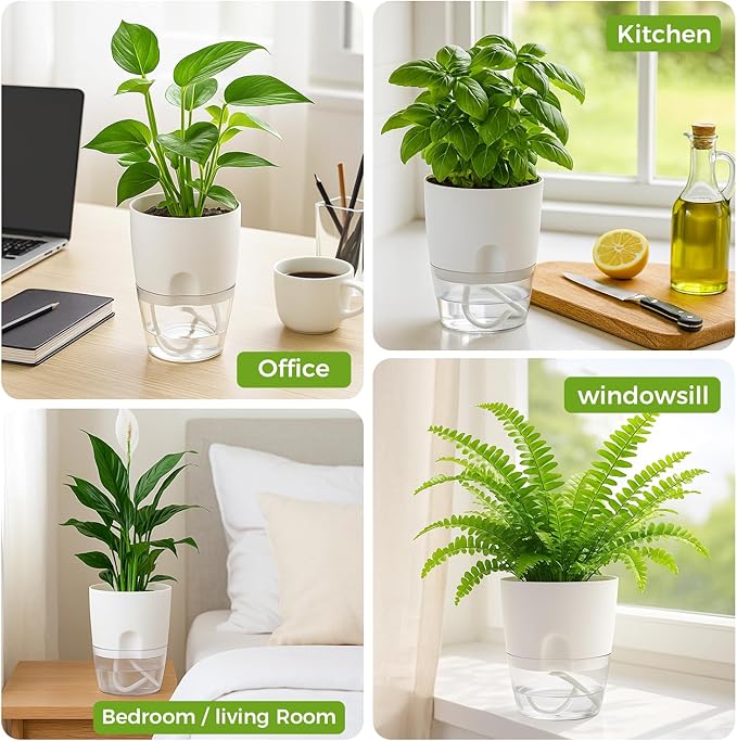 8 Pack Self Watering Pots for Indoor Plants, PlanterHoma 3.2 Inch Plant Pot Plastic Self Watering Planter for Orchid, African Violet, Mini Clear Flower Pots with Drainage Holes and Wicking Rope, White Planterhoma