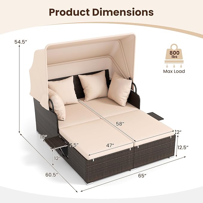 ORALNER Outdoor Daybed, 2-Person Wicker Patio Sofa with Retractable Canopy, Cushions & Pillows, 2 Side Trays, PE Rattan Double Sunbed for Deck Poolside Garden Balcony Backyard (Beige, Mix Brown) ORALNER