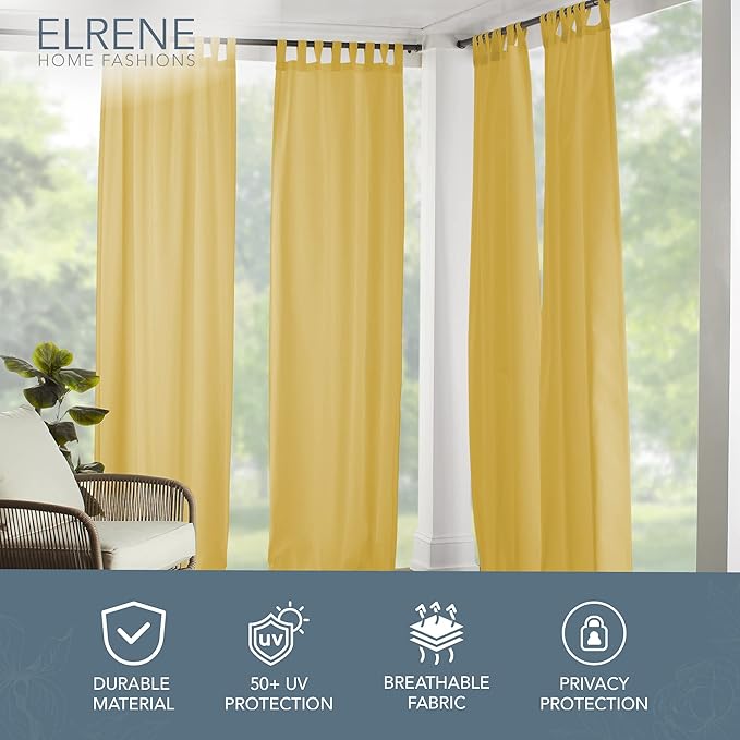 Elrene Home Fashions Matine Weatherproof Tab-Top Indoor/Outdoor Solid Color Curtain Panel for Porch, Pergola, Patio, Deck, 52”W x 84”L, Yellow ElreneHomeFashions