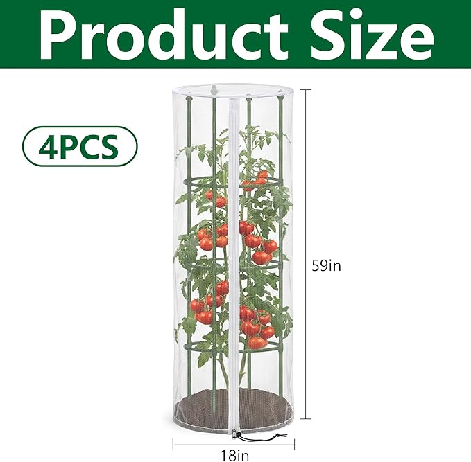 4 Pcs Garden Bird Netting Cover for Round Tomato Cage, 59" x 18" Tomato Trellis Insect Barrier Protection Mesh, Plant Cage Garden Net Cover with Zipper for Vertical Climbing Plants Vegetables Fruits PurpleStar