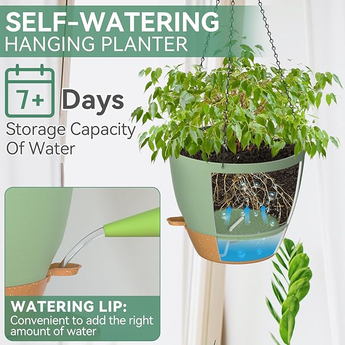 ZMTECH 12 Inch Hanging Planters for Indoor Outdoor Plants, 1 Pack Self Watering Hanging Plant Pots with Drainage Holes and Removable Saucer, Plastic Flower Hanging Pots with Watering Lip (Green) HighQualityGardeningTools