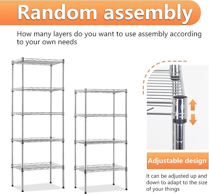 BestOffice | 5-Tier Wire Storage Shelves | 17x12x48 | Chrome | with Adjustable Racks | Heavy-Duty Metal Shelf, Holds Upto 750 lbs | No-Tool Assembly | Ideal for Home & Garage Shelving BestOffice