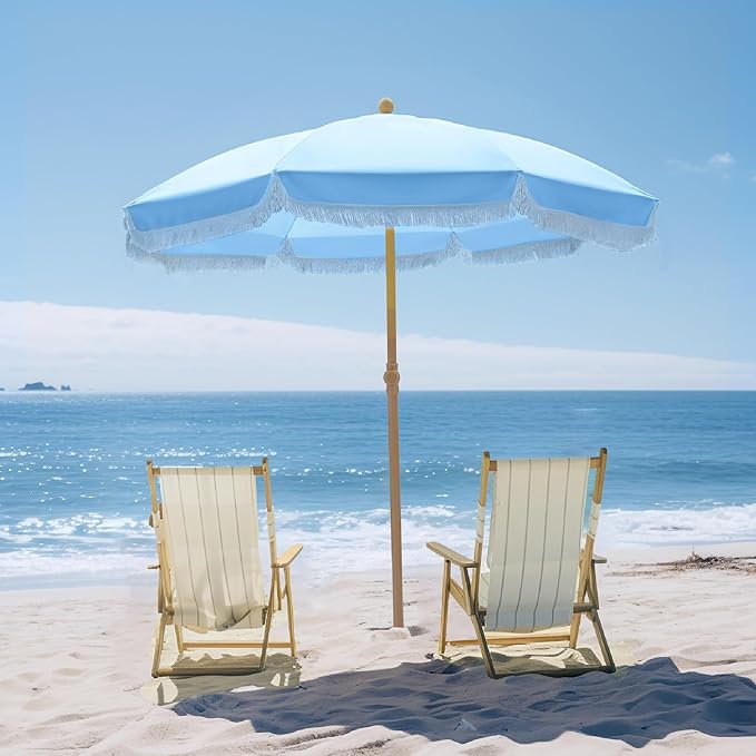 PHI VILLA 7ft Beach Umbrella with Fringe & Sand Anchor, Outdoor Patio Heavy Duty Windproof Portable Tassel Umbrellas for Sand with Push Button Tilt & Carrying Bag, UPF 50+, Light Blue (No Base) PHIVILLAThepioneerofcomfortablehouseholdsupplies
