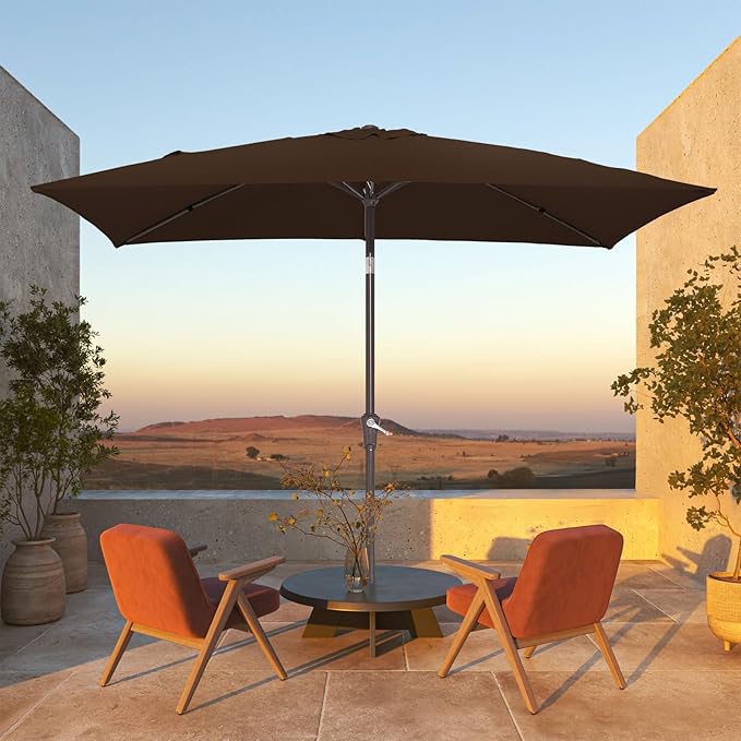 JEAREY 6.5x10 ft Rectangular Patio Umbrellas Rectangle Outdoor Umbrella with Push Button Tilt and Crank, Market Table Umbrella 6 Sturdy Ribs UV Protection for Poolside Garden Backyard Deck, Brown JEAREYOutdoorsCollection