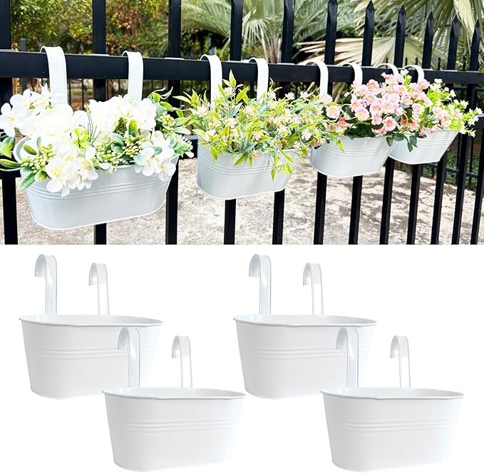 10" Hanging Flower Pots, Pack of 4 White Metal Outdoor Patio Balcony Planter, Railing Planters Fence Pot with Detachable Hook & Drainage Hole for Small Plants (White, 4Pcs) JOYFERNAL