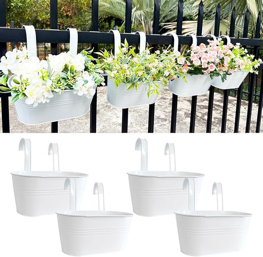 10" Hanging Flower Pots, Pack of 4 White Metal Outdoor Patio Balcony Planter, Railing Planters Fence Pot with Detachable Hook & Drainage Hole for Small Plants (White, 4Pcs) JOYFERNAL