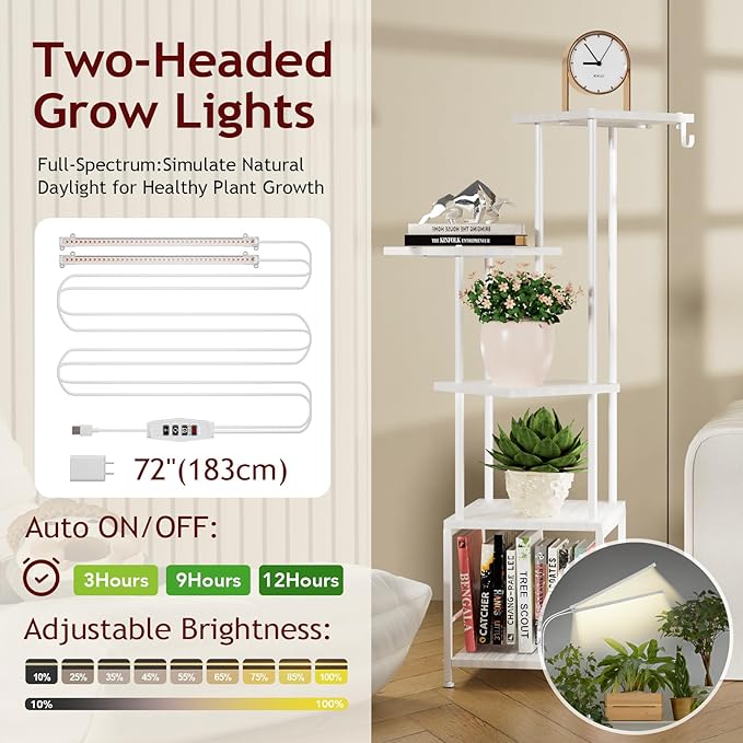 Plant Stand Indoor with Grow Light, 5-Tiered Tall Plant Stand Indoor, Metal Plant Shelf with Hanging Basket Hook and Adjustable Light, Ideal for Living Room, Garden, Patio white Homsorout
