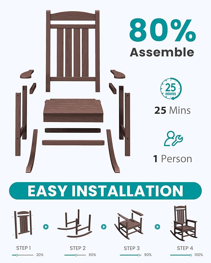 SERWALL HDPE Outdoor Rocking Chair Set of 2, Oversized Patio Rocking Chairs, All-Weather Porch Rockers for Adults, Coffee SERWALL