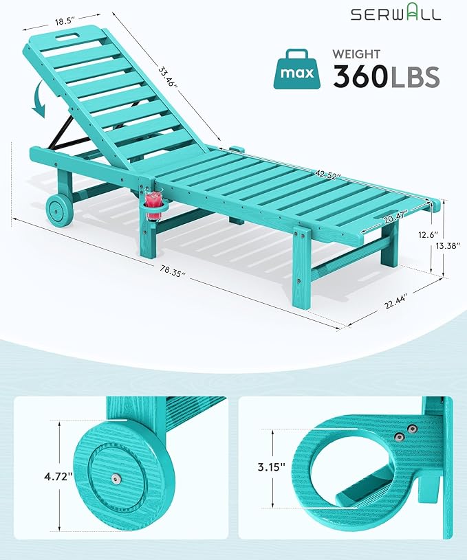 SERWALL Outdoor Chaise Lounge Set of 4, 78" Patio Lounge Chair with 5 Positions Adjustable Backrest, HDPE Lounger with Rolling Wheels & Cup Holder for Poolside, Beach, Garden, Aruba SERWALL