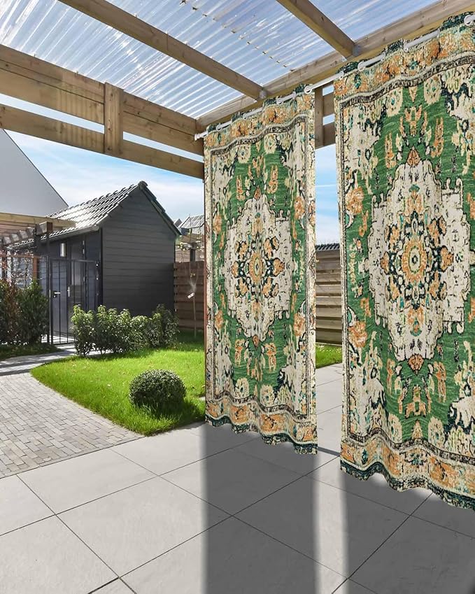 Ombre Green Boho Outdoor Curtains for Patio Waterproof, Grommet Privacy Curtain Drapes Weatherproof Outside Curtains for Porch GazeboPergola Cabana 2 Panel 54x84inch Vintage Ethnic Tribal Geometric Rootora