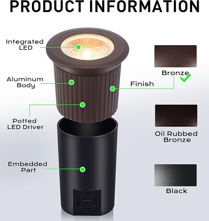 [6 Pack] CLOUDY BAY 9W LED Landscape Well Lights,2700K/3000K/3500K/4000K/5000K Selectable,Low Voltage 12V/24V Ground Lighting,Waterproof Outdoor In Ground Lights for Uplights,Bronze CLOUDYBAY