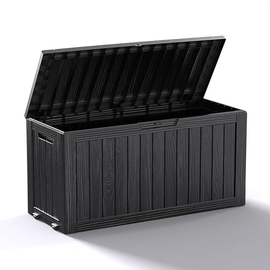 ROJIK Outdoor Storage Box with Wheels,75 Gallon Waterproof Resin Deck Box, Lockable Storage for Patio Cushions,Garden Tools,Pool Accessories,UV-Resistant Storage Bench for Backyard & Deck（Black） ROJIK